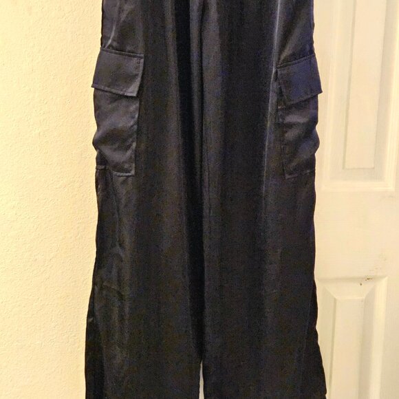 Vici Black Strapless boho wide leg pockets jumpsuit Romper Silky L - Picture 15 of 16